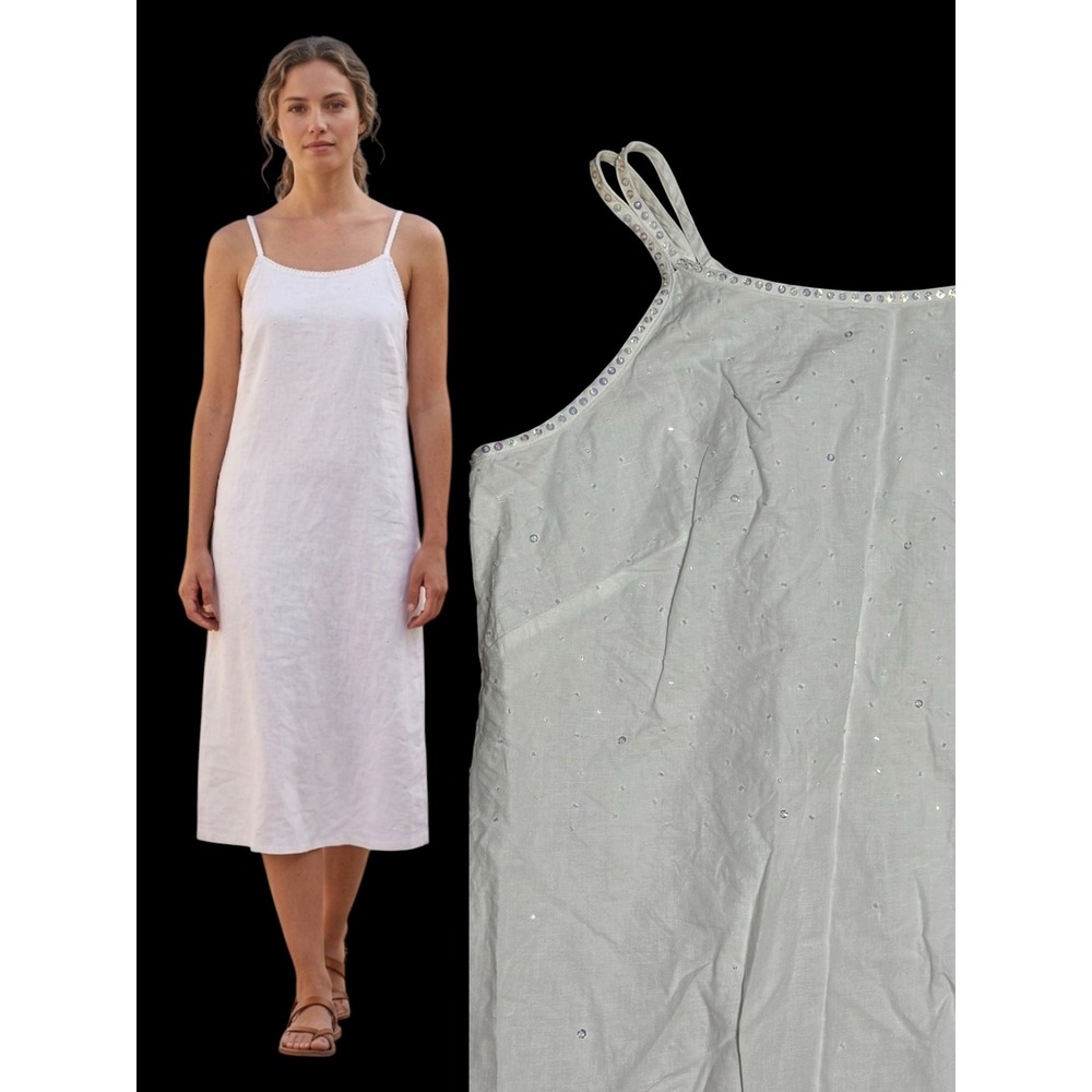 Taillissime White Linen Cotton Sequin Slip Sundress Coastal Midi Sz 18 fits L/XL